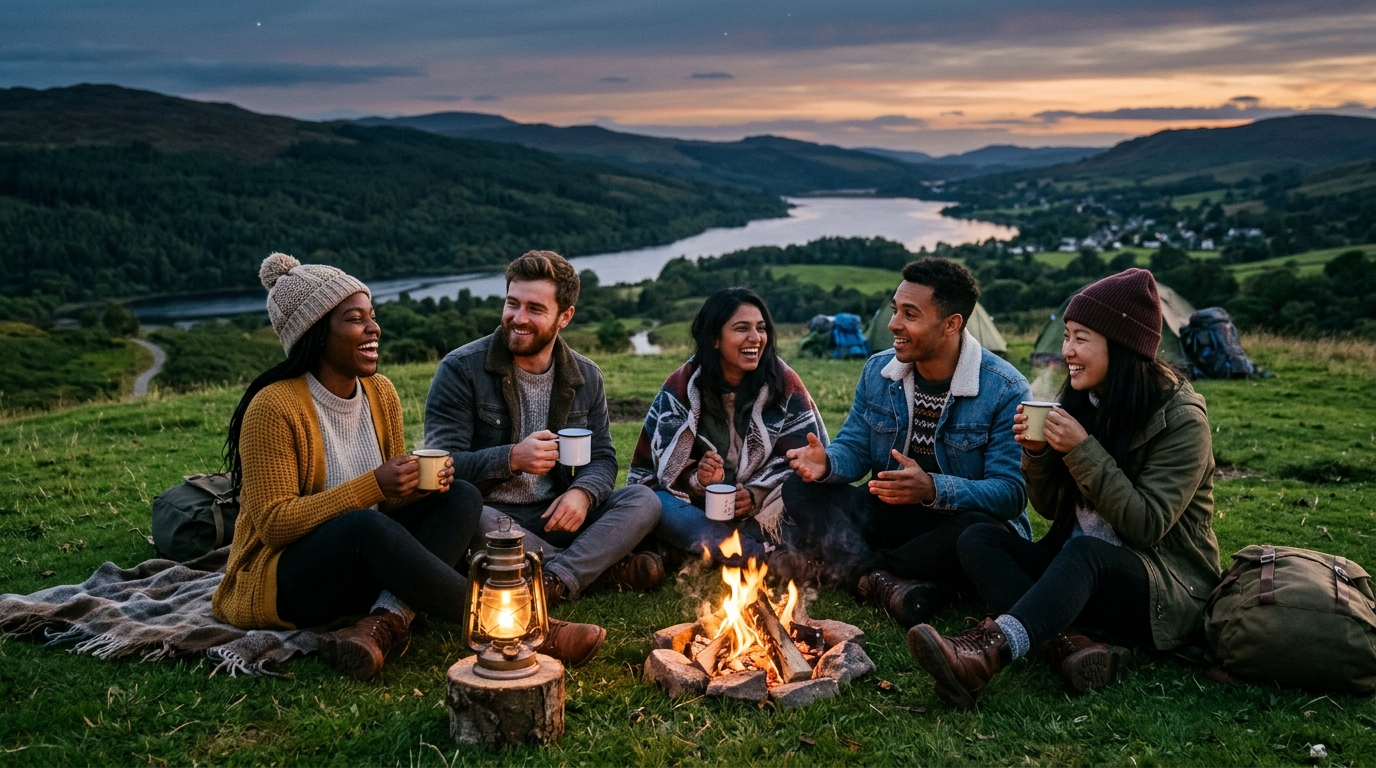 Travelers sitting warmly around a twilight campfire in the hills with cups of tea