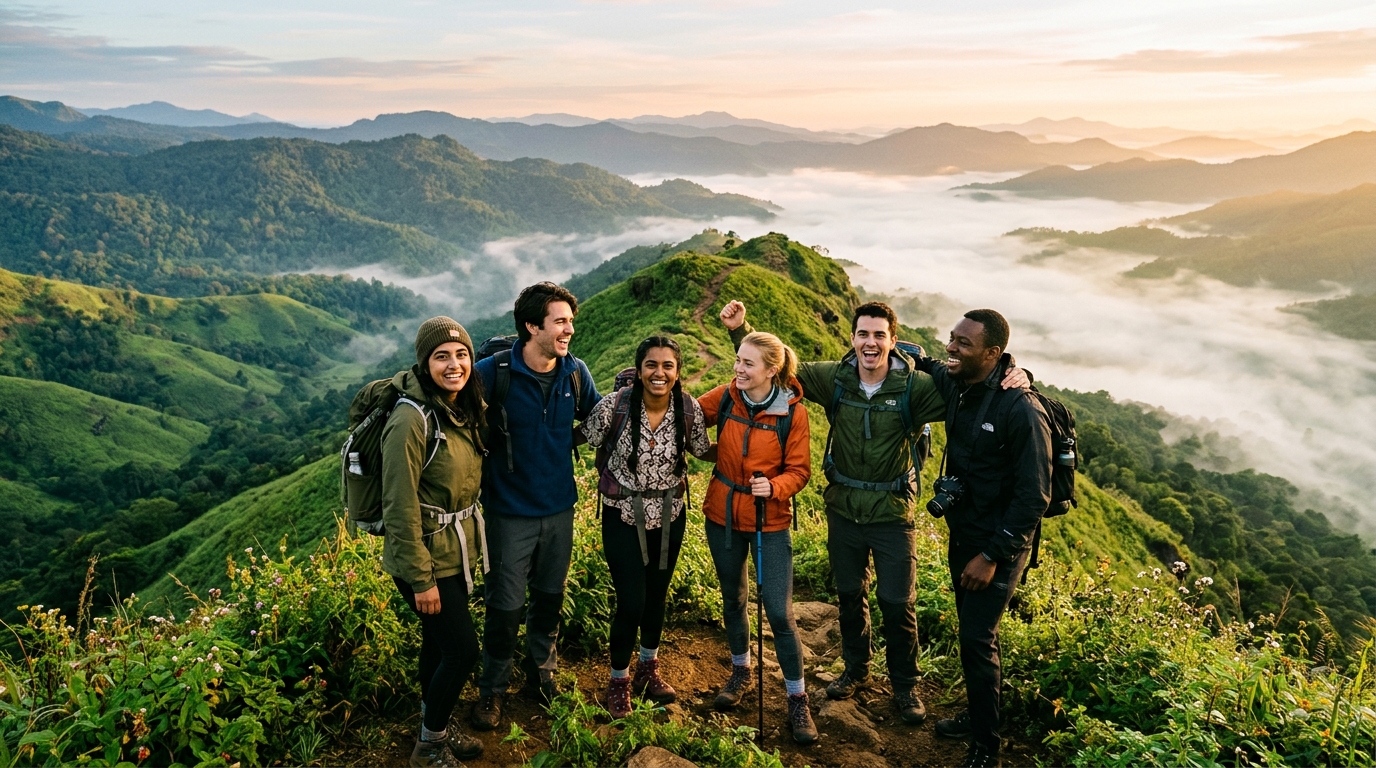 A joyful group of diverse young travelers standing on a misty mountain ridge in Kerala at sunrise
